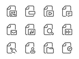 Poster - Document Type and File Format vector line icons. Library Settings and Catalog Configurations outline icon set. Image, Video, Mail, Profile, Folder, Audio, Message, Search and more.