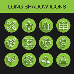Poster - Set line Arrow, Wrench and gear, Many ways directional arrow, Pyramid chart infographics, Location and Pie icon. Vector