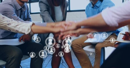 Poster - Animation of network of icons over diverse business people in office