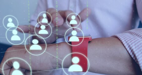 Canvas Print - Animation of network of icons over caucasian businessman using smartwatch