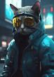 A cat is staring at the camera while donning a unique leather outfit and sunglasses. Cyberpunk background.