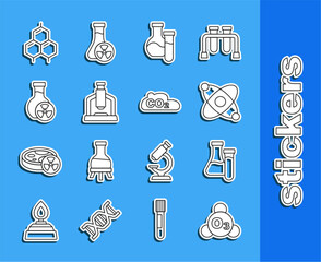 Wall Mural - Set line Ozone, Test tube, Atom, Microscope, with toxic liquid, Chemical formula and CO2 emissions in cloud icon. Vector