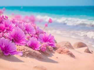 Pink flowers field  on sand beach over blurred  blue sea background. AI Generated.