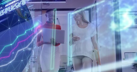 Poster - Animation of network and globe over diverse business people in office