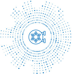 Poster - Blue line Jewish synagogue building or jewish temple icon isolated on white background. Hebrew or judaism construction with David star. Abstract circle random dots. Vector