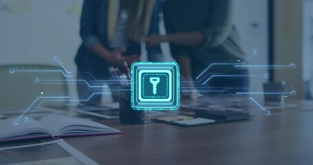 Poster - Animation of data processing with keychain icon over diverse business people in office