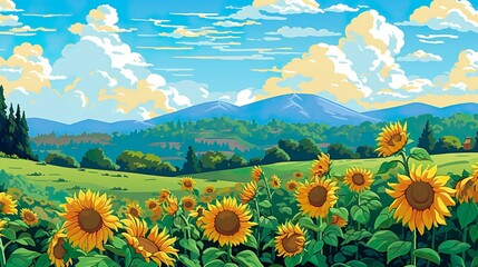 Wall Mural - Abstract background sunflowers field. A captivating banner design with an illustration of a picturesque sunflower field in mountains nature. Generative AI.