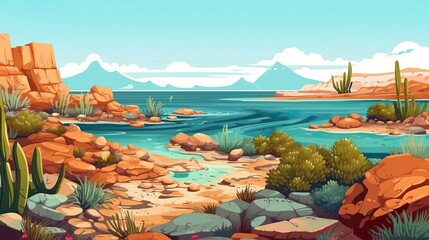 Wall Mural - background seashore with arid plants. illustration of a stunning seashore with arid plants for a nat