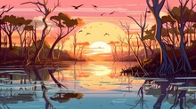 Abstract Background Mangrove Forest. A Captivating Banner Design Showcasing An Illustrated Mangrove Forest And A Beautiful Sunset. Generative AI.