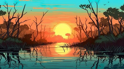 Wall Mural - abstract background mangrove forest. illustration of a mesmerizing mangrove forest at sunset for an 