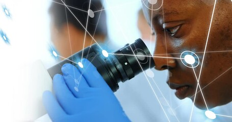 Poster - Animation of network of connections over african american female scientist using microscope