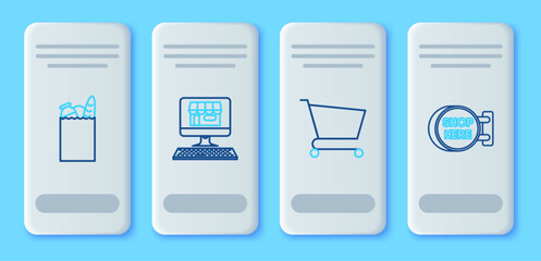 Poster - Set line Shopping building on screen computer, cart, Paper shopping bag and food and Signboard hanging with inscription here icon. Vector