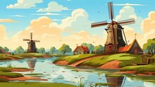 Abstract Background Windmills. Visually Striking Banner Design Featuring An Illustrative Representation Of Picturesque Windmills Set Against A Natural Background. Generative AI.