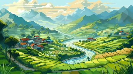 Wall Mural - abstract background rice terraces. captivating banner with an artistic illustration of nature's gree