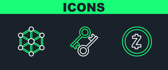 Poster - Set line Cryptocurrency coin Zcash ZEC, Blockchain technology and key icon. Vector