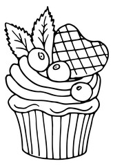 Sticker - Blueberry muffin linear drawing. Sweet dessert doodle