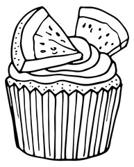 Wall Mural - Fresh fruit cupcake icon. Black line muffin doodle