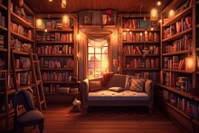 Cozy Bookstore: Filled Shelves, Comfortable Nooks, & Warm Lighting, Generative AI