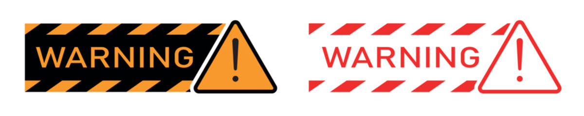 Set of warning signs, exclamation mark, warning tape, striped ribbon. Black and yellow warning line striped, triangle hazard sign. Vector illustration.