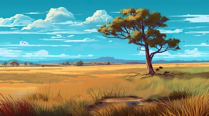 Wall Mural - background steppe with wild grasses and lone tree. eye-catching banner design featuring an illustrat