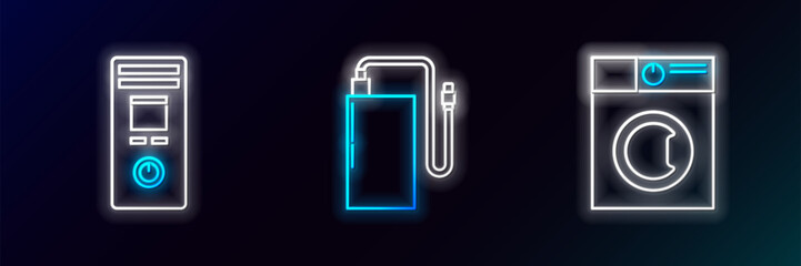 Sticker - Set line Washer, Remote control and Power bank with different charge cable icon. Glowing neon. Vector