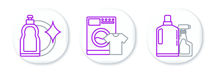 Poster - Set line Plastic bottles for liquid dishwashing liquid, and Washer and t-shirt icon. Vector