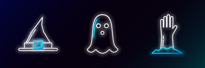 Wall Mural - Set line Zombie hand, Witch hat and Ghost icon. Glowing neon. Vector