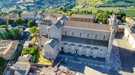 Canvas Print - Panoramic aerial view of Orvieto medieval town from a flying drone - Italy