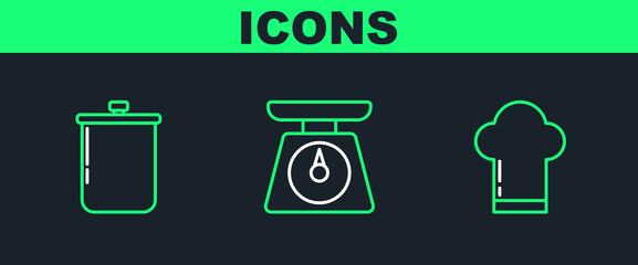 Sticker - Set line Chef hat, Cooking pot and Scales icon. Vector