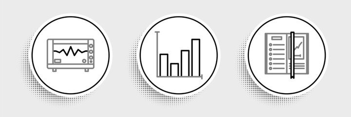 Sticker - Set line Notebook, Computer monitor with cardiogram and Pie chart infographic icon. Vector