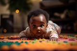 Fototapeta  - An African American infant crawling for the first time, exploring surroundings with curiosity. The background is a colorful play area. Developmental Milestones. Generative AI
