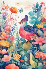 Wall Mural - Bird and flowers garden. Watercolor stylized illustration, Generative AI