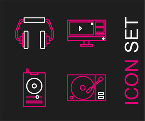 Poster - Set line Vinyl player with a vinyl disk, Music, Video recorder or editor software on monitor and Headphones icon. Vector