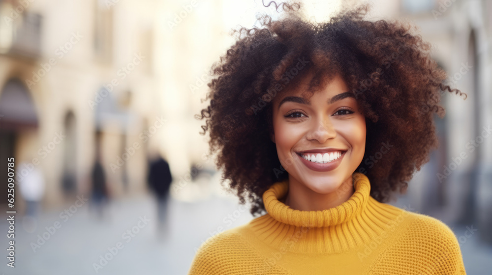 Happy young african american woman smiling in the city street , closeup ...