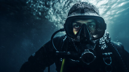 Close-up portrait of a Scuba deep sea diver swimming in a deep ocean , underwater exploration