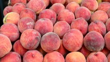 Fresh Peaches For Sale At The Market. Delicious Fruit On The Stand In The Store. Peach.
