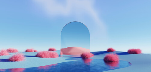Wall Mural - 3d render surreal pastel landscape background with geometric shapes, abstract fantastic desert dune 