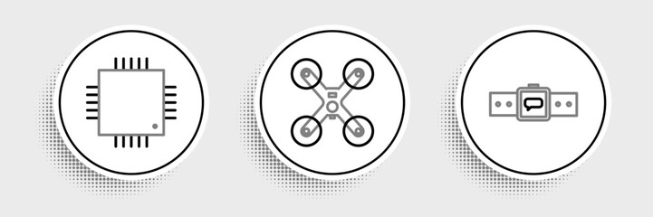 Poster - Set line Smartwatch, Processor with microcircuits CPU and Drone flying icon. Vector