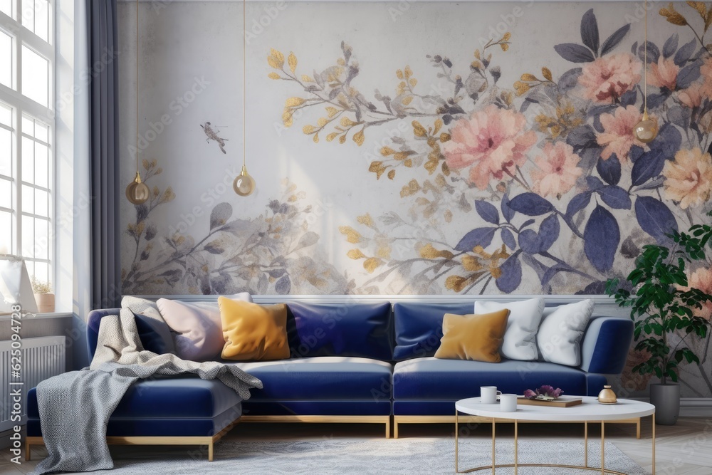 Modern living room interior, beautiful floral mural, flowers on wall ...