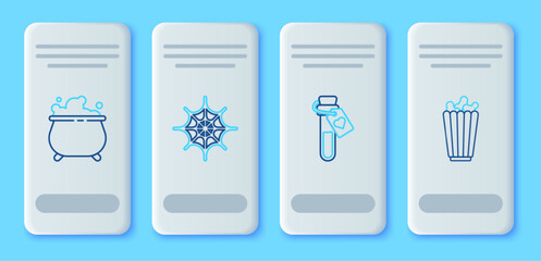 Wall Mural - Set line Spider web, Bottle with love potion, Witch cauldron and Popcorn in box icon. Vector