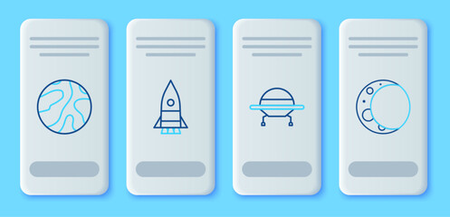Poster - Set line Rocket ship, UFO flying spaceship, Falling stars and Moon icon. Vector