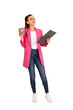 © Designerant - Full length business woman, cheerful young brunette full length business woman. Holding clipboard papers and coffee wearing wireless earphones. Smiling positive girl png, transparent background.