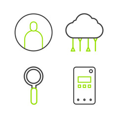 Poster - Set line Mobile phone, Magnifying glass, Network cloud connection and Create account screen icon. Vector