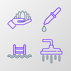 Sticker - Set line Shower head, Swimming pool with ladder, Pipette and Lotus flower icon. Vector