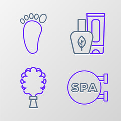 Poster - Set line Spa salon, Sauna broom, Ointment cream tube and Foot massage icon. Vector