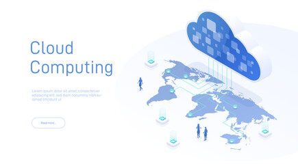 Cloud computing isometric concept. From the cloud in world map. Web cloud technology business. Internet data services. World cloud computing concept. 3d vector isometric illustration.