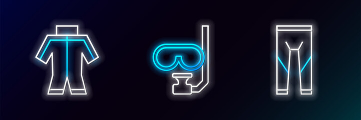 Sticker - Set line Wetsuit, and Diving mask and snorkel icon. Glowing neon. Vector