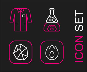 Sticker - Set line Fire flame, Salt stone, Test tube flask fire and Laboratory uniform icon. Vector