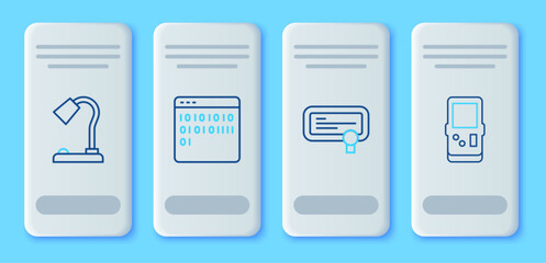 Poster - Set line Binary code, Certificate template, Table lamp and Tetris icon. Vector