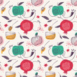 Rosh Hashana,Jewish holiday, pattern with traditional greeting in Hebrew. Translation - sweet and happy new year. Pomegranate, apple, Jewish horn and flowers. simple line vector illustration